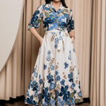 Φόρεμα maxi floral εκρού-γαλάζιο