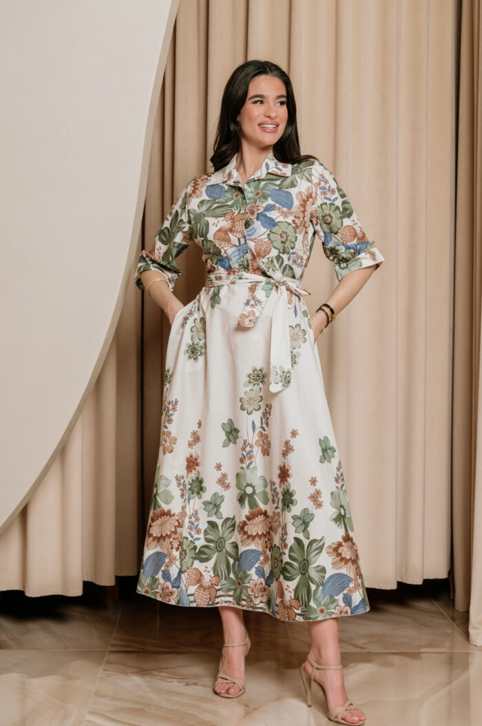 Φόρεμα maxi floral εκρού-πράσινο