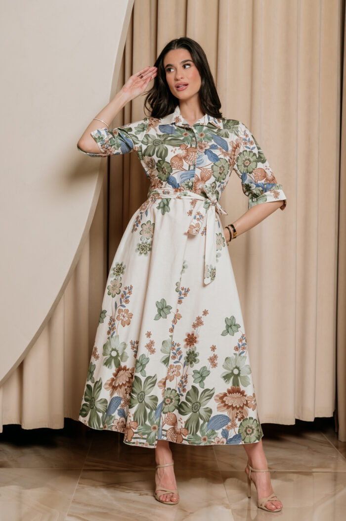 Φόρεμα maxi floral εκρού-πράσινο - Image 2