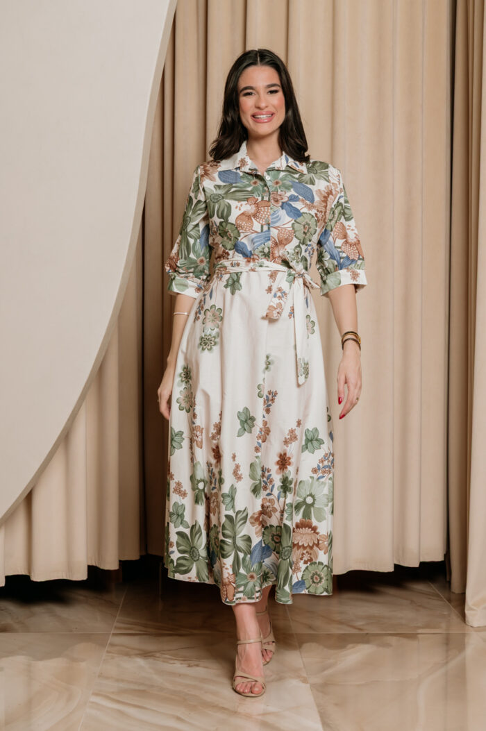 Φόρεμα maxi floral εκρού-πράσινο - Image 3