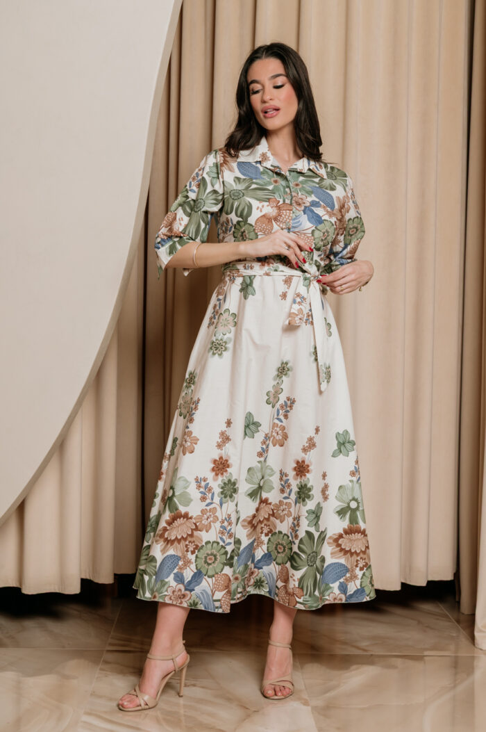 Φόρεμα maxi floral εκρού-πράσινο - Image 4