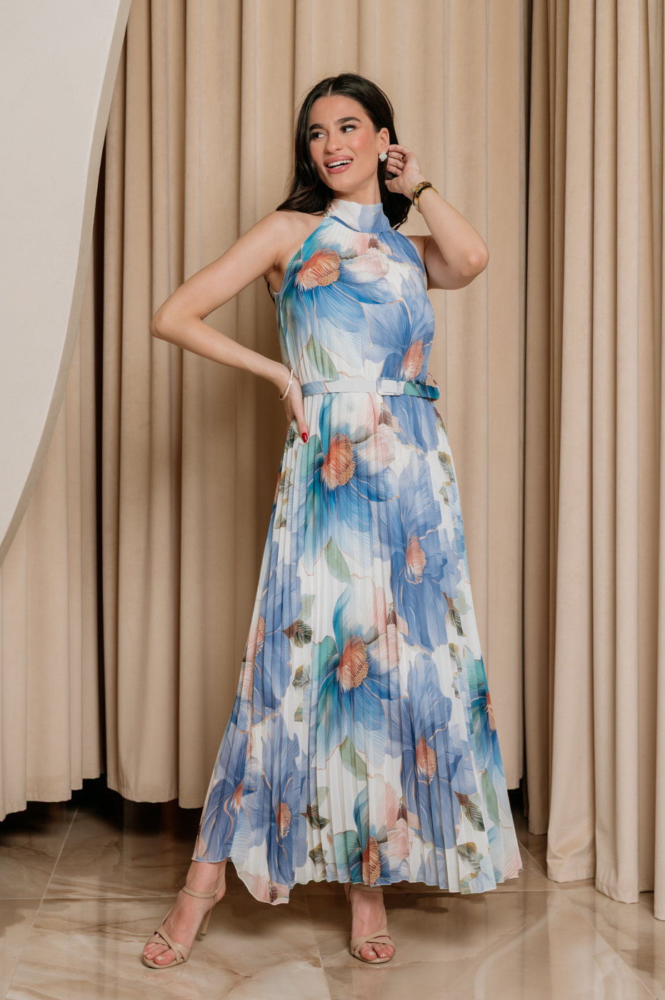 Φόρεμα maxi floral πλισέ γαλάζιο