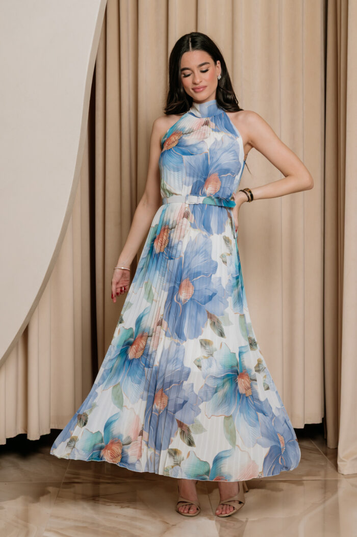 Φόρεμα maxi floral πλισέ γαλάζιο - Image 4