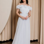 Φόρεμα maxi off shoulder με 3D λουλούδια άσπρο