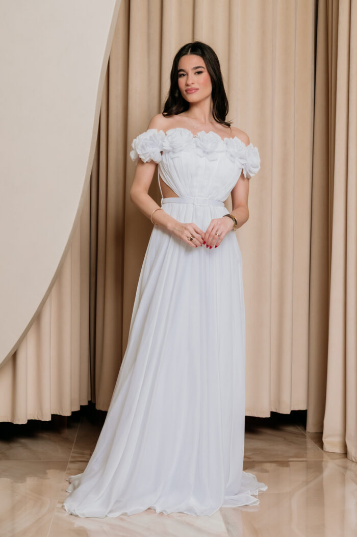 Φόρεμα maxi off shoulder με 3D λουλούδια άσπρο