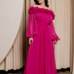 Φόρεμα maxi με σιθρού μανίκια και 3D λουλούδια ματζέντα