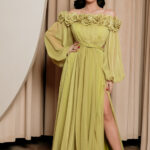 Φόρεμα maxi με σιθρού μανίκια και 3D λουλούδια lime