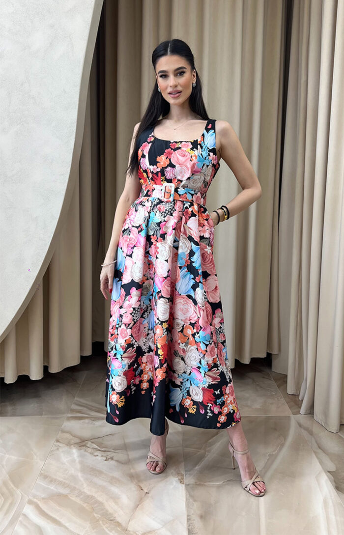 Φόρεμα maxi floral σατέν με ζώνη μαύρο - Image 3