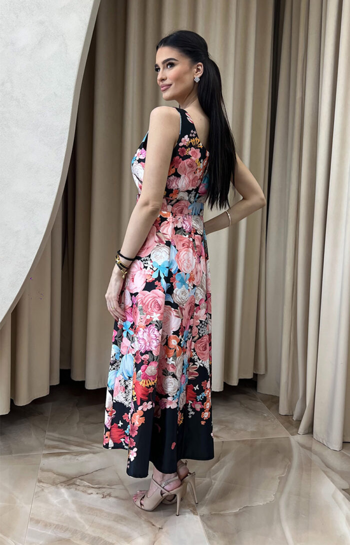 Φόρεμα maxi floral σατέν με ζώνη μαύρο - Image 4