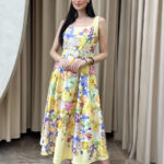 Φόρεμα maxi floral σατέν με ζώνη κίτρινο