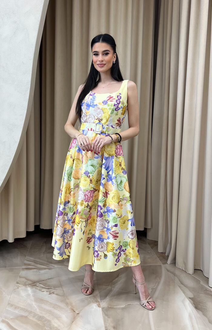 Φόρεμα maxi floral σατέν με ζώνη κίτρινο