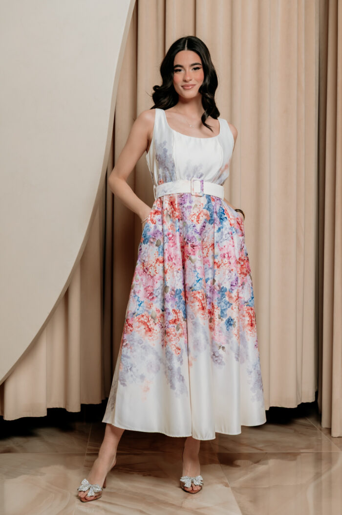 Φόρεμα maxi floral σατέν με ζώνη λιλά - Image 3