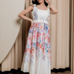 Φόρεμα maxi floral σατέν με ζώνη λιλά