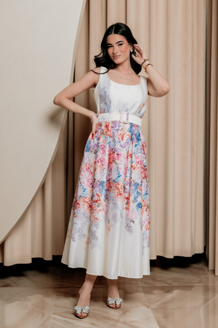 Φόρεμα maxi floral σατέν με ζώνη λιλά