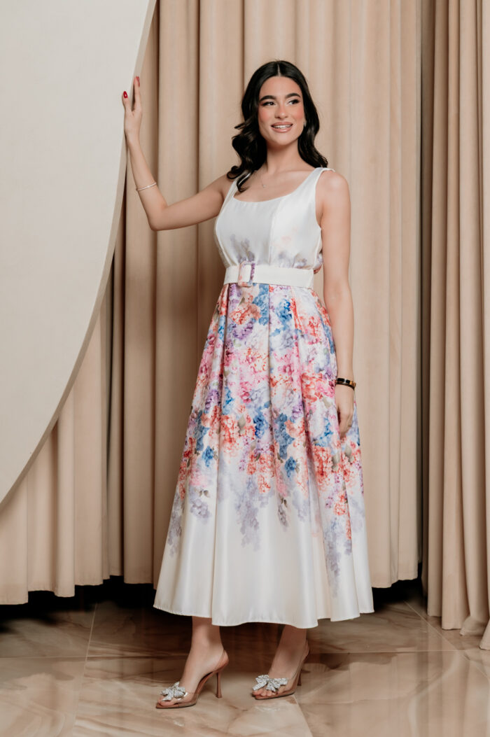 Φόρεμα maxi floral σατέν με ζώνη λιλά - Image 5