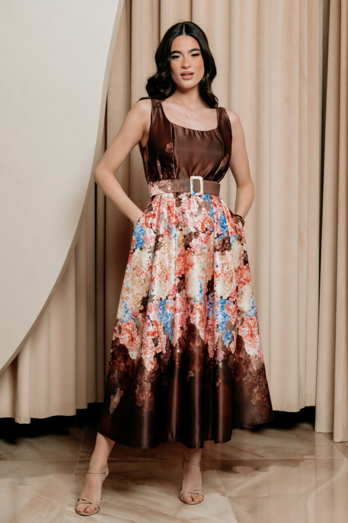 Φόρεμα maxi floral σατέν με ζώνη καφέ - Image 2