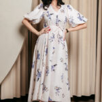 Φόρεμα maxi floral εκρού με balloon μανίκια