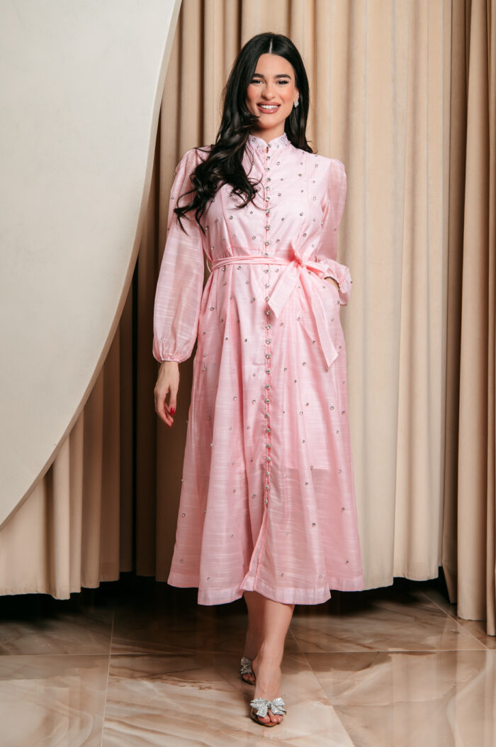 Φόρεμα maxi με στρας baby pink - Image 2