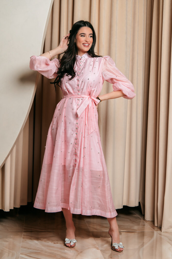 Φόρεμα maxi με στρας baby pink - Image 5