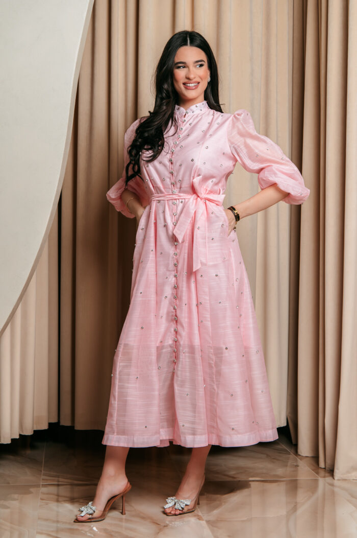 Φόρεμα maxi με στρας baby pink - Image 7