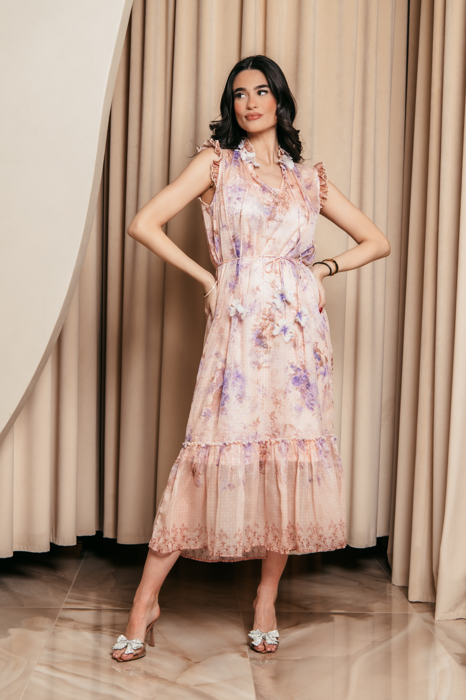 Φόρεμα maxi floral με 3D λουλούδια λιλά