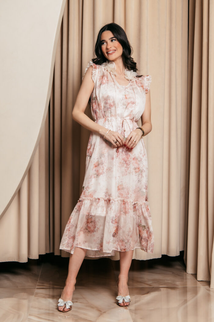 Φόρεμα maxi floral με 3D λουλούδια ροζ