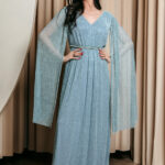 Φόρεμα maxi γαλάζιο με στρας και χρυσοκλωστή