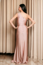 Φόρεμα maxi one shoulder με πέτρα στρας σομόν - Image 6