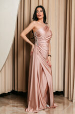 Φόρεμα maxi one shoulder με πέτρα στρας σομόν - Image 4