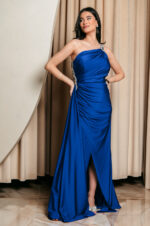 Φόρεμα maxi one shoulder με πέτρα στρας μπλε ηλεκτρίκ - Image 2