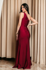Φόρεμα maxi one shoulder με πέτρα στρας βουργουνδί - Image 6