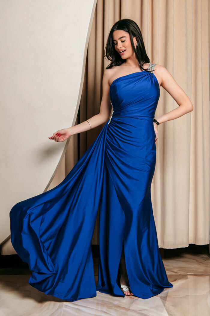 Φόρεμα maxi one shoulder με πέτρα στρας μπλε ηλεκτρίκ - Image 3