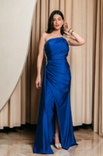 Φόρεμα maxi one shoulder με πέτρα στρας μπλε ηλεκτρίκ