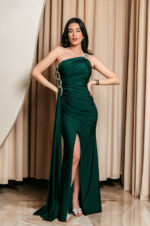 Φόρεμα maxi one shoulder με πέτρα στρας κυπαρισσί