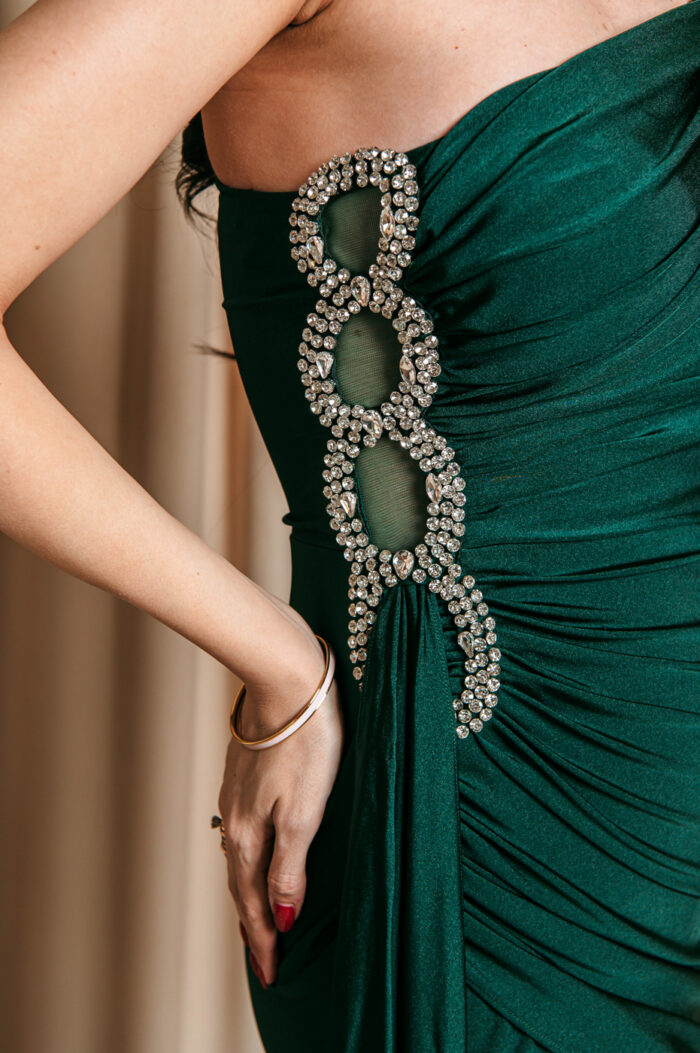 Φόρεμα maxi one shoulder με πέτρα στρας κυπαρισσί - Image 6
