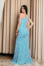 Φόρεμα maxi cut out one shoulder με παγιέτα baby blue - Image 7
