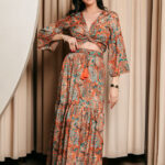 Σετ μπλούζα-φούστα με λαχούρ και χρυσοτυπία πορτοκαλί με μπλε