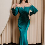 Φόρεμα maxi κυπαρισσί ombre με πέτρα κόσμημα