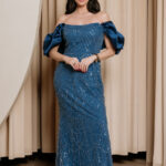 Φόρεμα maxi off shoulder με χάντρες και παγιέτες μπλε