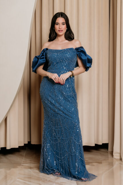 Φόρεμα maxi off shoulder με χάντρες και παγιέτες μπλε