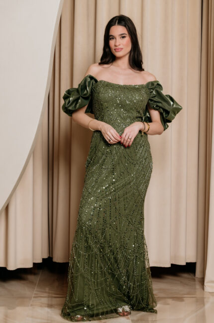 Φόρεμα maxi off shoulder με χάντρες και παγιέτες πράσινο