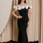 Φόρεμα maxi off shoulder με 3D λουλούδια και στρας μαύρο