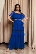 Φόρεμα maxi Off shoulder με βολάν μπλε ρουά