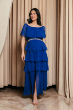 Φόρεμα maxi Off shoulder με βολάν μπλε ρουά