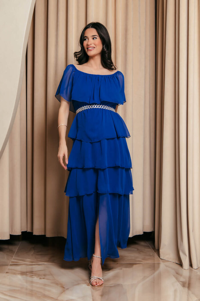 Φόρεμα maxi Off shoulder με βολάν μπλε ρουά