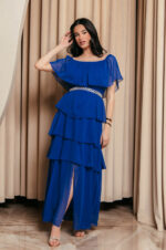 Φόρεμα maxi Off shoulder με βολάν μπλε ρουά