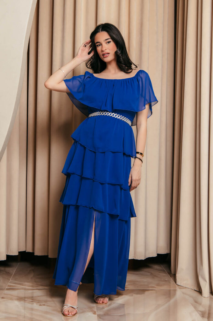 Φόρεμα maxi Off shoulder με βολάν μπλε ρουά