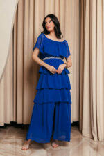 Φόρεμα maxi Off shoulder με βολάν μπλε ρουά