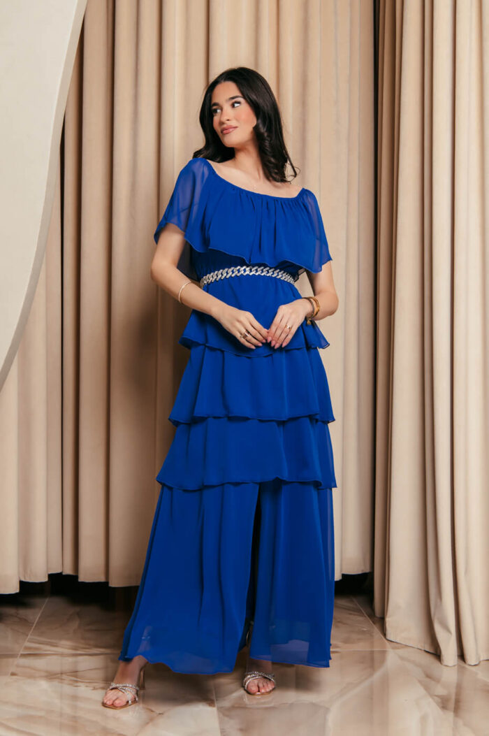 Φόρεμα maxi Off shoulder με βολάν μπλε ρουά