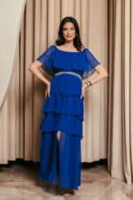Φόρεμα maxi Off shoulder με βολάν μπλε ρουά